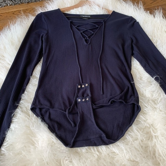ROUVE Navy LaceUp Tie Bodysuit Stretch Ribbed Navy S - Picture 4 of 8